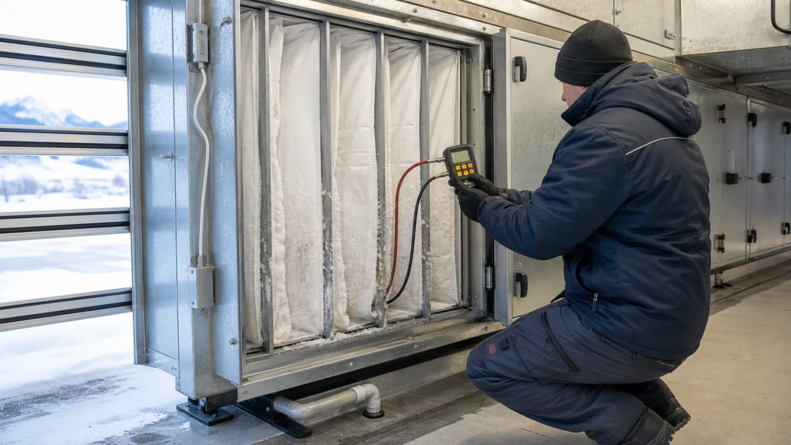 Techniker misst im Winter den Differenzdruck an einem sichtbar bereiften Außenluft-Taschenfilter einer Lüftungsanlage