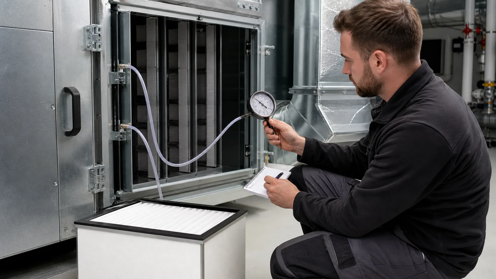Servicetechniker in neutraler Arbeitskleidung prüft ein Differenzdruck-Manometer an einem Lüftungsfiltergehäuse in einem sauberen Technikraum; daneben liegt ein neuer Filtereinsatz, ohne Logos und ohne Text