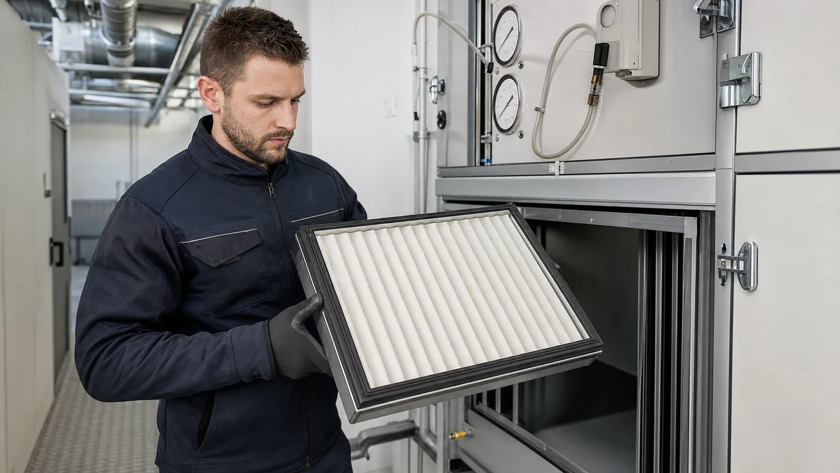 Servicetechniker in neutraler Arbeitskleidung hält einen rechteckigen Faltenfilter vor einer Lüftungsanlage im Technikraum; Filterrahmen und Dichtung sind erkennbar, im Hintergrund ein Differenzdruck-Manometer, ohne Logos und ohne Text
