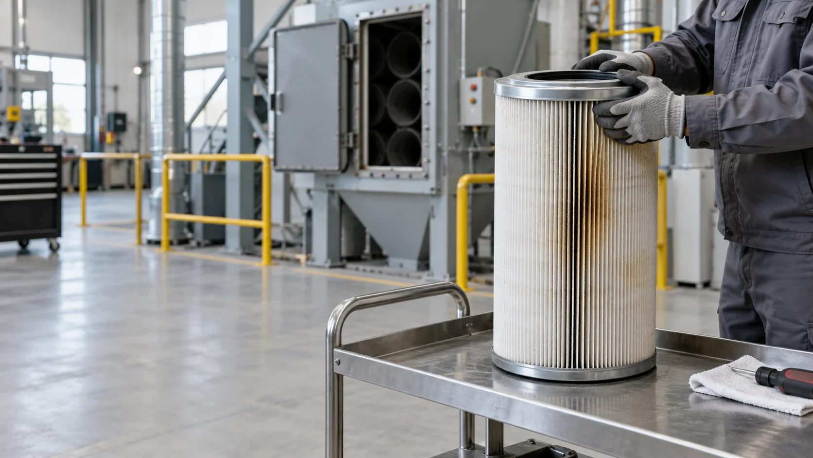 Ausgebaute zylindrische Filterpatrone mit lokaler brauner Verfärbung wird in einer industriellen Wartungszone geprüft