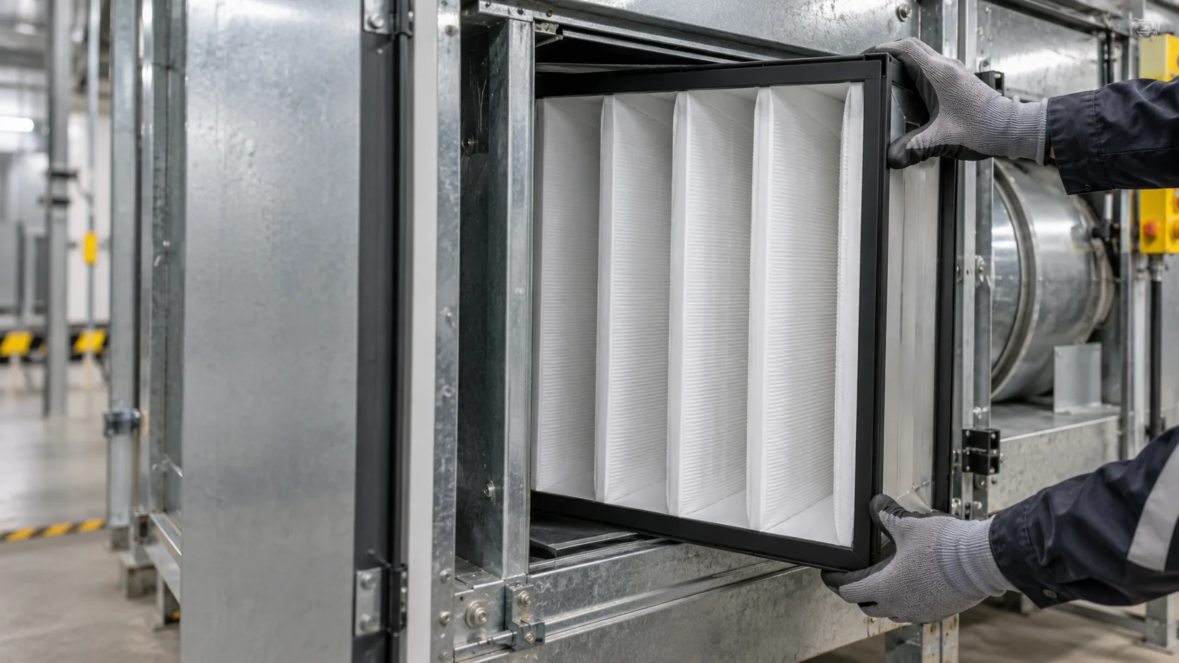 Geöffnete Lüftungsanlage mit einem neuen V-Kompaktfilter in einem metallischen Halterahmen