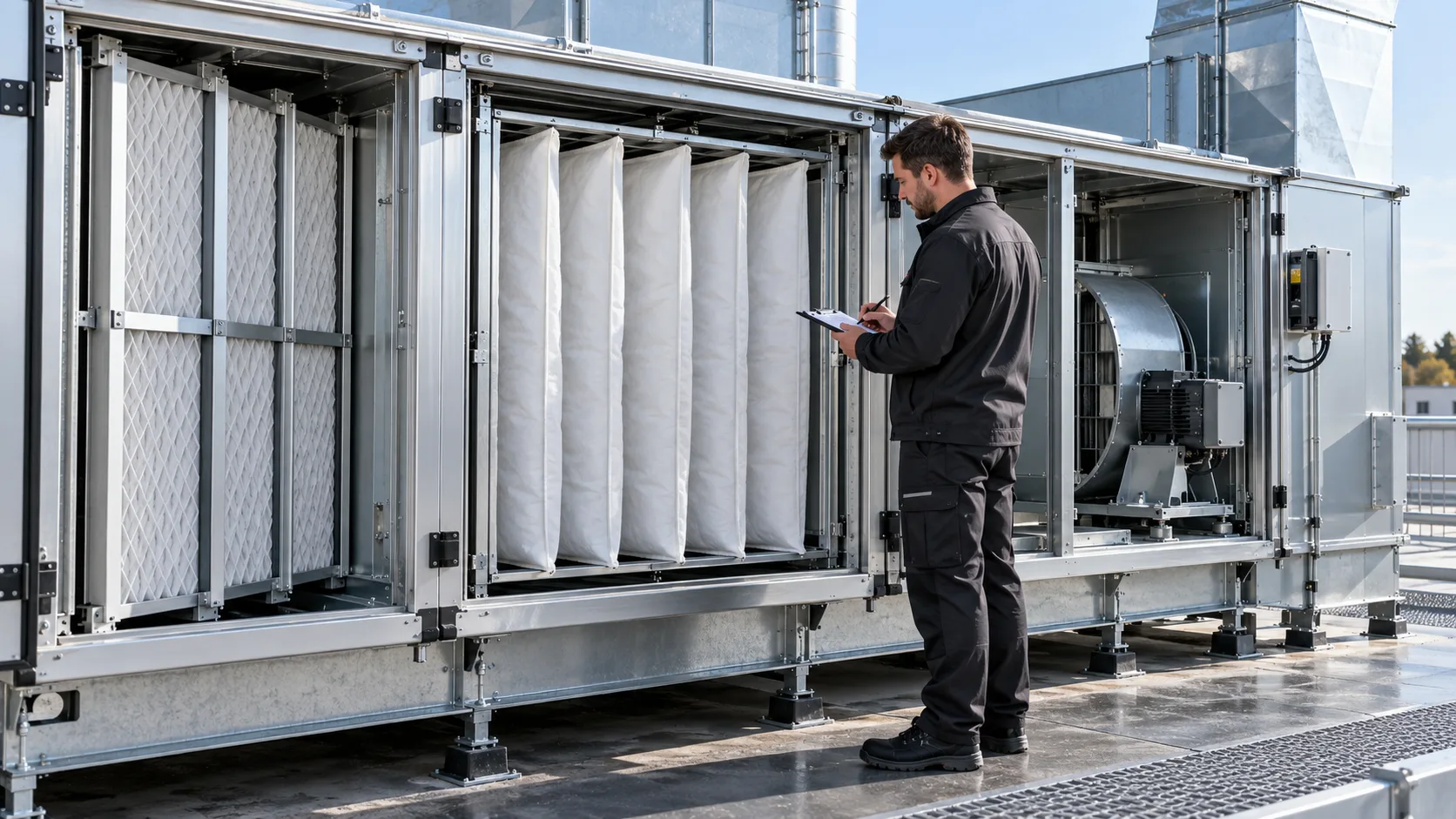 Geöffnete Lüftungsanlage mit Vorfilter, Taschenfilter und Ventilator bei einer technischen Bestandsaufnahme