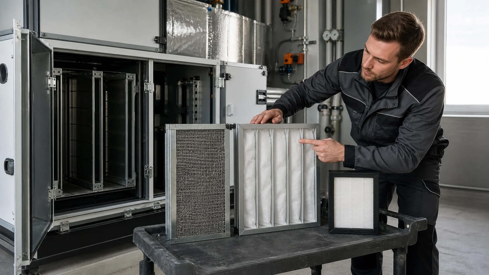 Servicetechniker vergleicht in einem Technikraum drei Luftfilterstufen vor einem geöffneten Filtergehäuse: Vorfilter, Taschenfilter und kompakter Endfilter