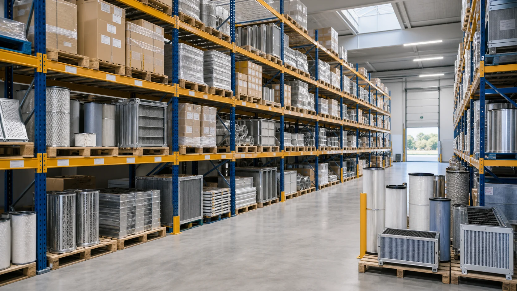 Markenvisualisierung eines organisierten Lagers mit technischen Filterelementen